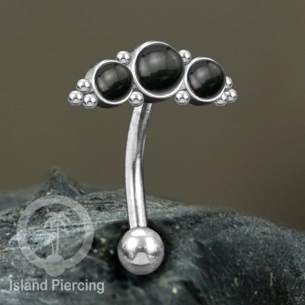 Stainless Steel Belly Piercing, Tindik Pusar Baja warna silver dengan 3 batu