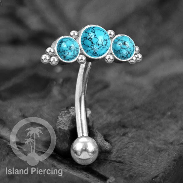 Stainless Steel Belly Piercing, Tindik Pusar Baja warna silver dengan 3 batu