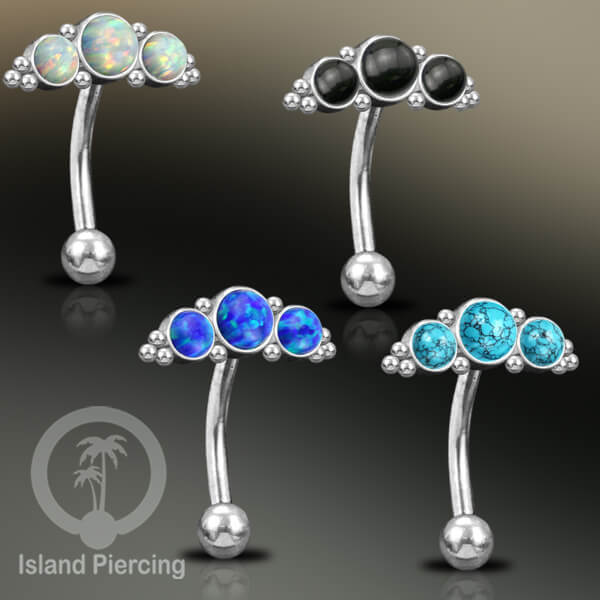 Stainless Steel Belly Piercing, Tindik Pusar Baja warna silver dengan 3 batu