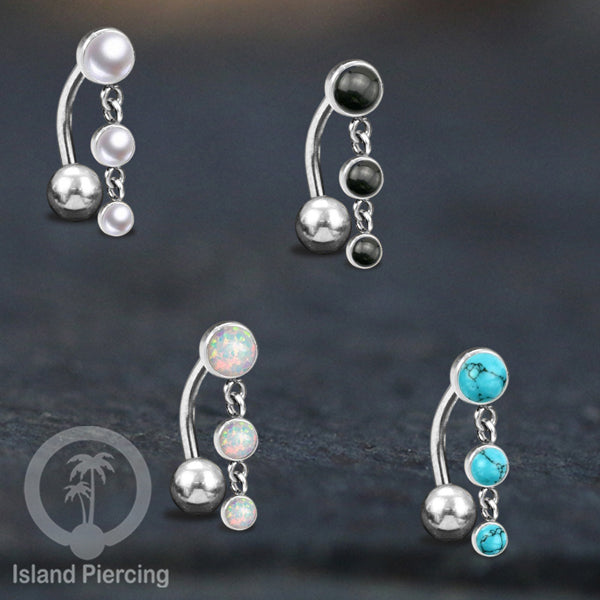 Stainless Steel Navel Piercing, Tindik Pusar Baja Beda warna Silver dengan batu gantung
