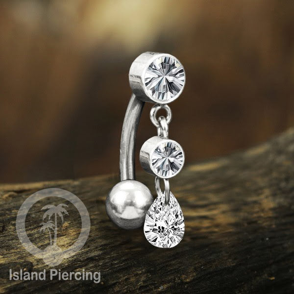 Anting Pusar/Navel Bar stainless steel untuk bagian atas pusat model pakai Kristal dan rantai gantung