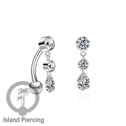 Anting Pusar/Navel Bar stainless steel untuk bagian atas pusat model pakai Kristal dan rantai gantung