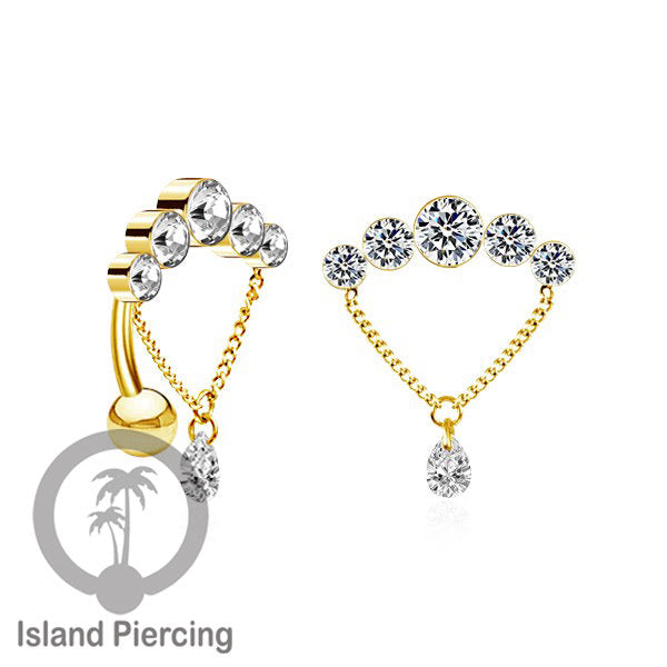 Anting Pusar/Navel Bar stainless steel untuk bagian atas pusat model pakai Kristal dan rantai gantung