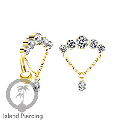 Anting Pusar/Navel Bar stainless steel untuk bagian atas pusat model pakai Kristal dan rantai gantung