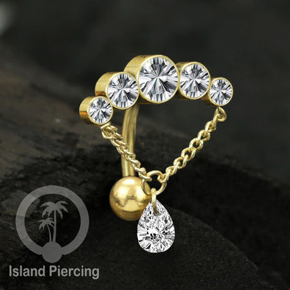 Anting Pusar/Navel Bar stainless steel untuk bagian atas pusat model pakai Kristal dan rantai gantung