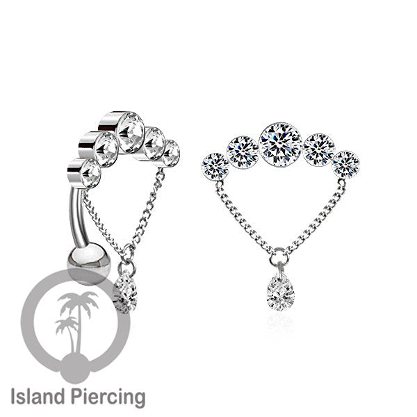 Anting Pusar/Navel Bar stainless steel untuk bagian atas pusat model pakai Kristal dan rantai gantung