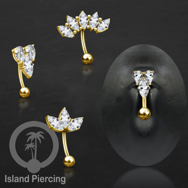 Anting Pusar/Navel Bar Stainless steel untuk bagian atas pusat warna gold dengan prong set Kristal Zirconia