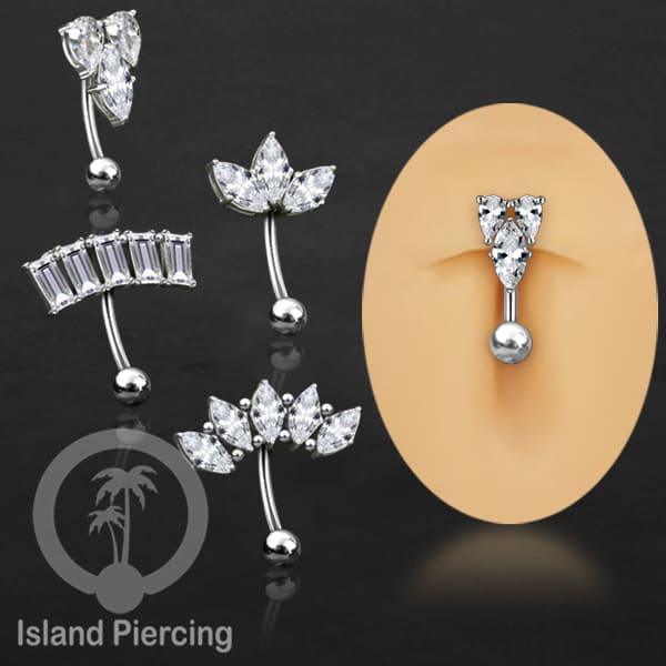 Anting Pusar/Navel Bar stainless steel untuk bagian atas pusat warna silver dengan prong set Kristal Zirconia