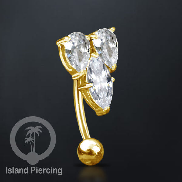 Anting Pusar/Navel Bar Stainless steel untuk bagian atas pusat warna gold dengan prong set Kristal Zirconia