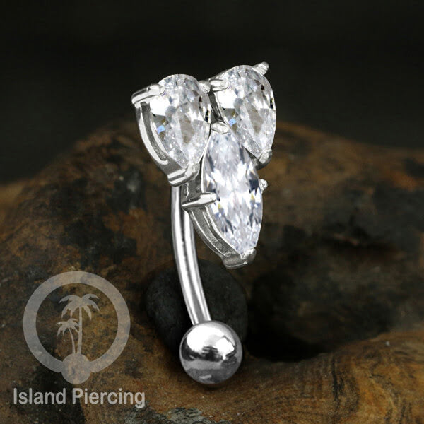 Anting Pusar/Navel Bar stainless steel untuk bagian atas pusat warna silver dengan prong set Kristal Zirconia