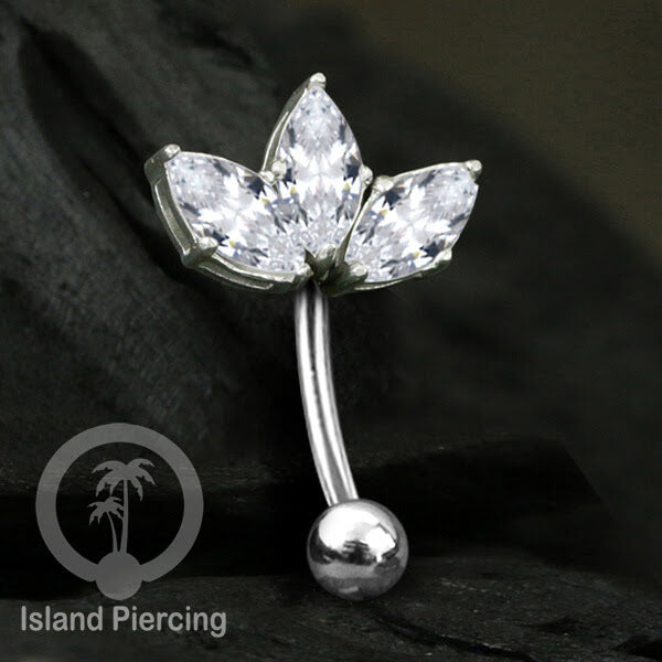 Anting Pusar/Navel Bar stainless steel untuk bagian atas pusat warna silver dengan prong set Kristal Zirconia