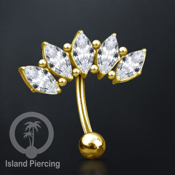 Anting Pusar/Navel Bar Stainless steel untuk bagian atas pusat warna gold dengan prong set Kristal Zirconia