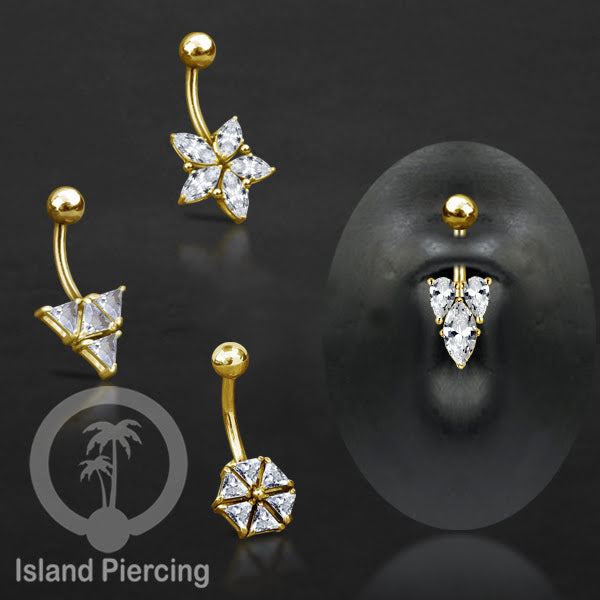 Anting Pusar/Navel Bar Stainless Steel yang mewah warna gold dengan prong set Kristal Zirconia
