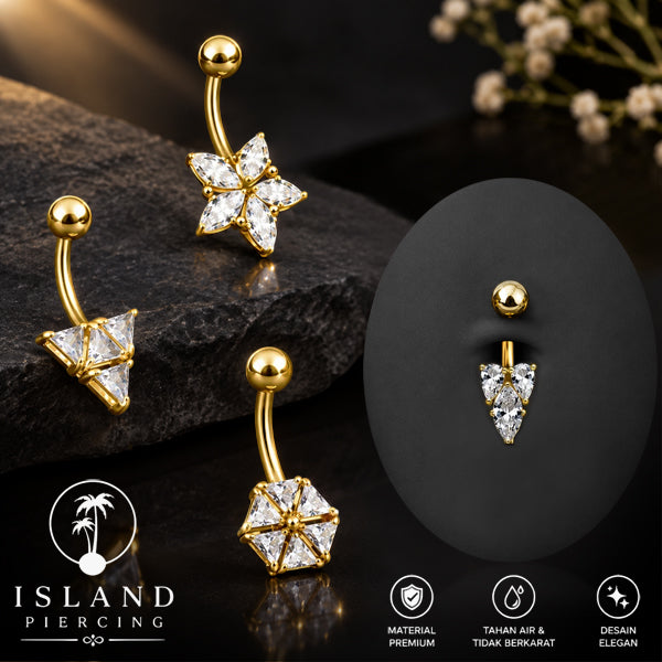 Anting Pusar/Navel Bar Stainless Steel yang mewah warna gold dengan prong set Kristal Zirconia