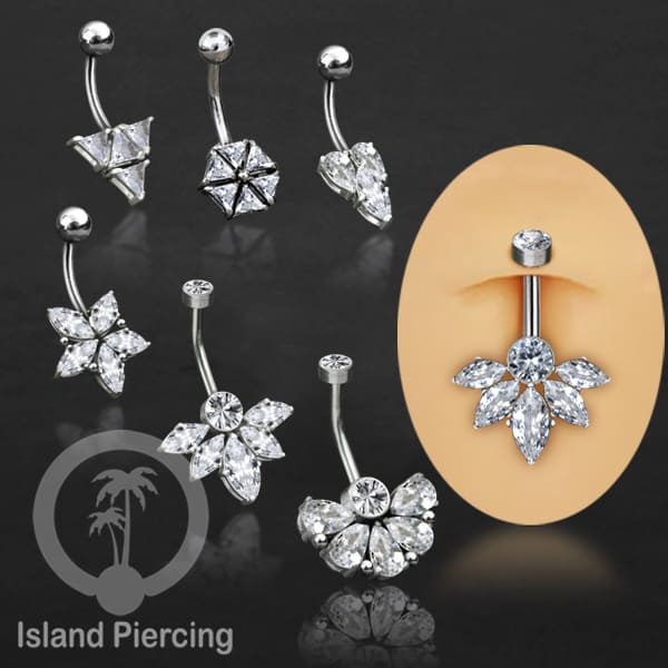 Anting Pusar/Navel Bar stainless steel yang mewah warna silver dengan prong set Kristal Zirconia