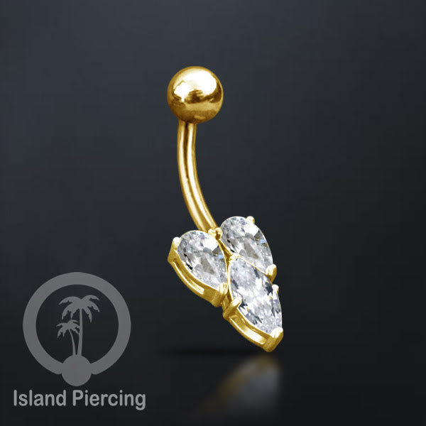 Anting Pusar/Navel Bar Stainless Steel yang mewah warna gold dengan prong set Kristal Zirconia