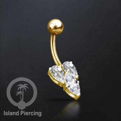 Anting Pusar/Navel Bar Stainless Steel yang mewah warna gold dengan prong set Kristal Zirconia