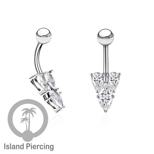 Anting Pusar/Navel Bar stainless steel yang mewah warna silver dengan prong set Kristal Zirconia