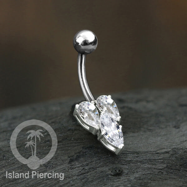 Anting Pusar/Navel Bar stainless steel yang mewah warna silver dengan prong set Kristal Zirconia