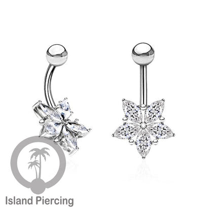 Anting Pusar/Navel Bar stainless steel yang mewah warna silver dengan prong set Kristal Zirconia