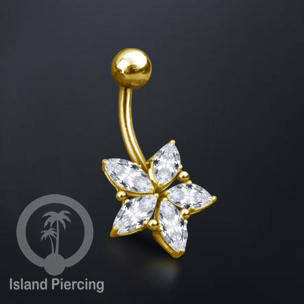 Anting Pusar/Navel Bar Stainless Steel yang mewah warna gold dengan prong set Kristal Zirconia