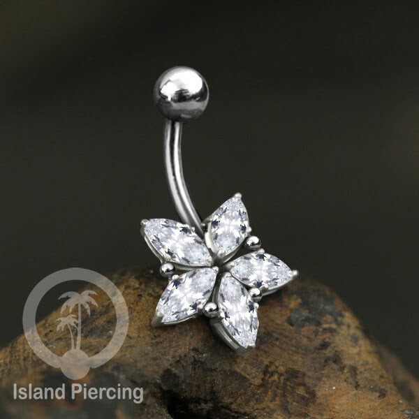 Anting Pusar/Navel Bar stainless steel yang mewah warna silver dengan prong set Kristal Zirconia