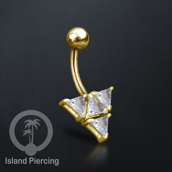 Anting Pusar/Navel Bar Stainless Steel yang mewah warna gold dengan prong set Kristal Zirconia