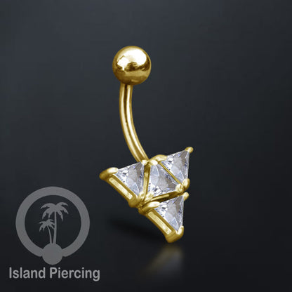 Anting Pusar/Navel Bar Stainless Steel yang mewah warna gold dengan prong set Kristal Zirconia