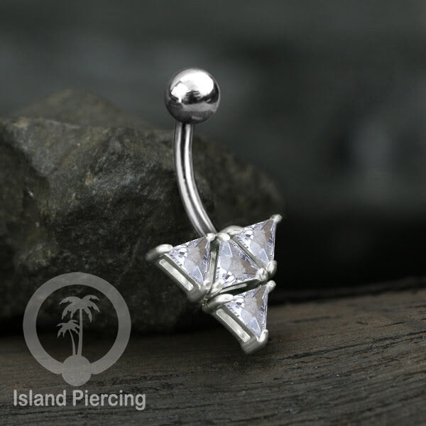 Anting Pusar/Navel Bar stainless steel yang mewah warna silver dengan prong set Kristal Zirconia