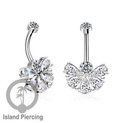 Anting Pusar/Navel Bar stainless steel yang mewah warna silver dengan prong set Kristal Zirconia