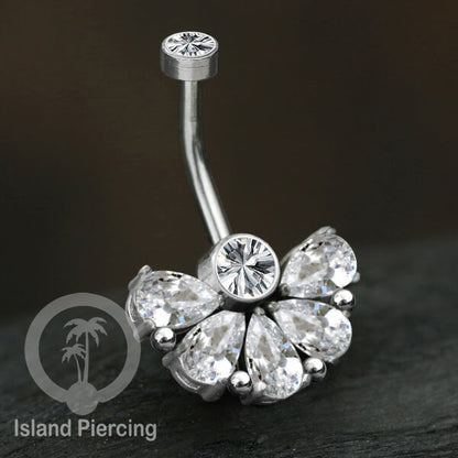 Anting Pusar/Navel Bar stainless steel yang mewah warna silver dengan prong set Kristal Zirconia