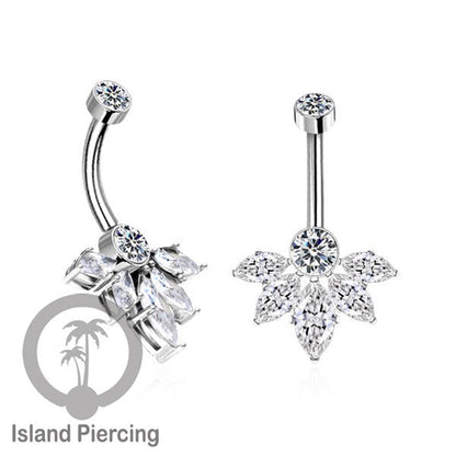 Anting Pusar/Navel Bar stainless steel yang mewah warna silver dengan prong set Kristal Zirconia