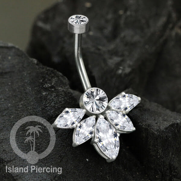 Anting Pusar/Navel Bar stainless steel yang mewah warna silver dengan prong set Kristal Zirconia
