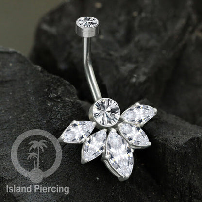 Anting Pusar/Navel Bar stainless steel yang mewah warna silver dengan prong set Kristal Zirconia