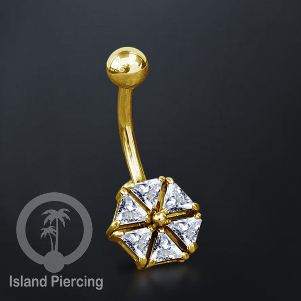 Anting Pusar/Navel Bar Stainless Steel yang mewah warna gold dengan prong set Kristal Zirconia