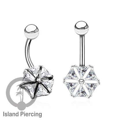 Anting Pusar/Navel Bar stainless steel yang mewah warna silver dengan prong set Kristal Zirconia