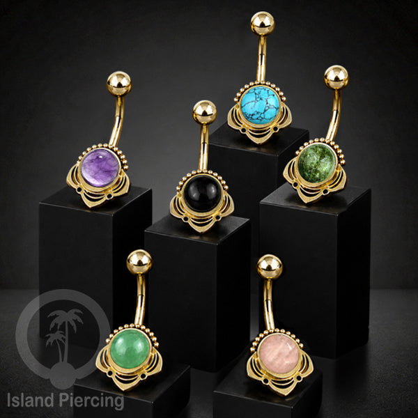 Anting Tindik Pusar/Navel Bar Stainless steel unik warna gold dengan banyak pilihan batu murni