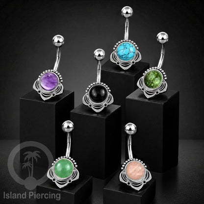 Anting Tindik Pusar/Navel Bar Stainless steel unik warna silver dengan banyak pilihan batu murni