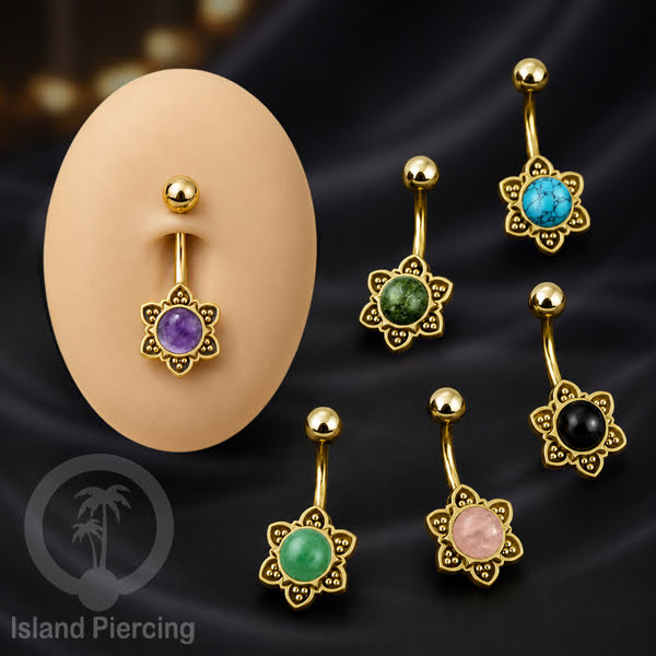 Anting Tindik Pusar/Navel Bar bahan Stainless steel warna gold dengan banyak pilihan batu murni