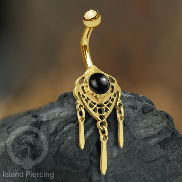 Anting Tindik Pusar/Navel Bar Stainless warna gold variasi gantungan dan Resin berwarna