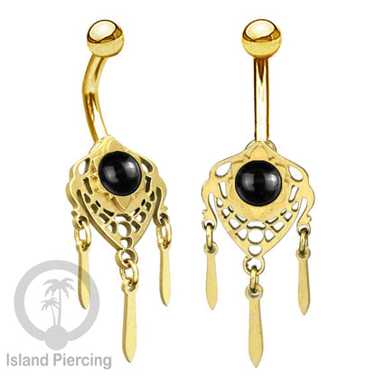 Anting Tindik Pusar/Navel Bar Stainless warna gold variasi gantungan dan Resin berwarna
