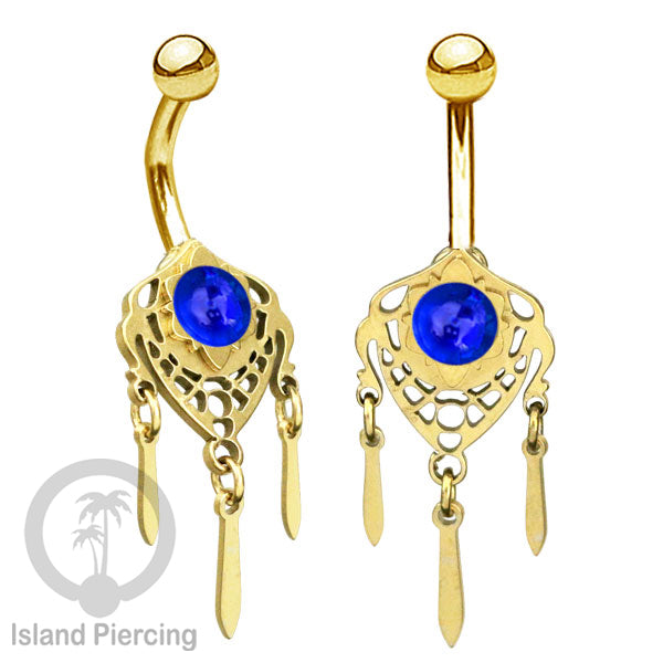 Anting Tindik Pusar/Navel Bar Stainless warna gold variasi gantungan dan Resin berwarna