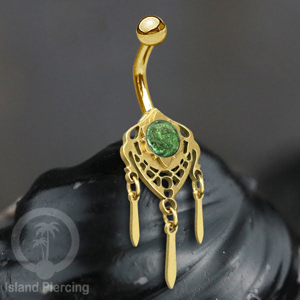 Anting Tindik Pusar/Navel Bar Stainless warna gold variasi gantungan dan Resin berwarna