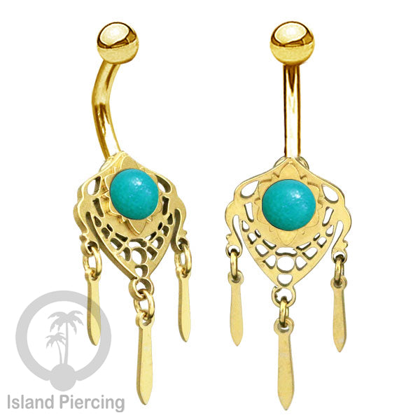 Anting Tindik Pusar/Navel Bar Stainless warna gold variasi gantungan dan Resin berwarna