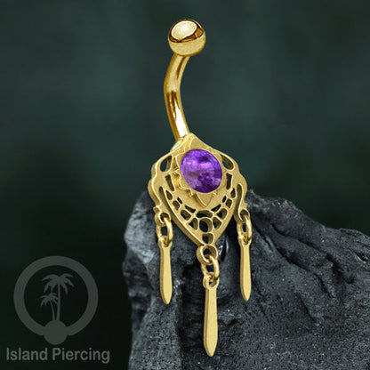Anting Tindik Pusar/Navel Bar Stainless warna gold variasi gantungan dan Resin berwarna