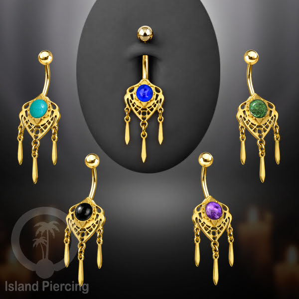 Anting Tindik Pusar/Navel Bar Stainless warna gold variasi gantungan dan Resin berwarna