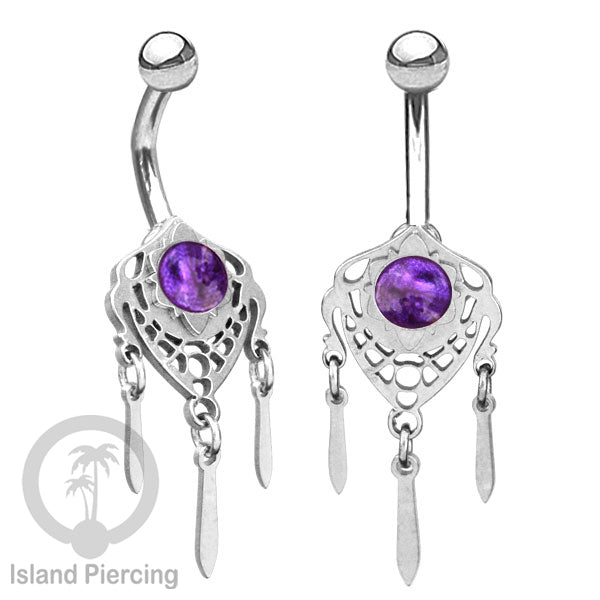Anting Tindik Pusar/Navel Bar Stainless warna silver variasi gantungan dan Resin berwarna