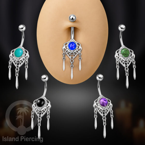Anting Tindik Pusar/Navel Bar Stainless warna silver variasi gantungan dan Resin berwarna