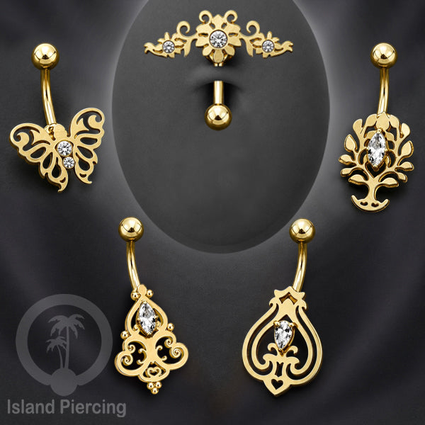 Anting Tindik Pusar/Navel Bar Stainless warna gold dengan kristal Zirconia