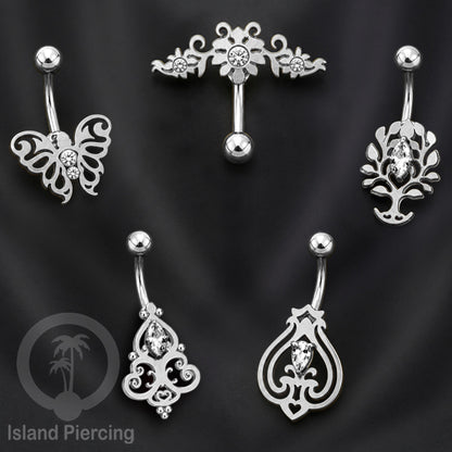 Anting Tindik Pusar/Navel Bar Stainless warna silver dengan kristal Zirconia